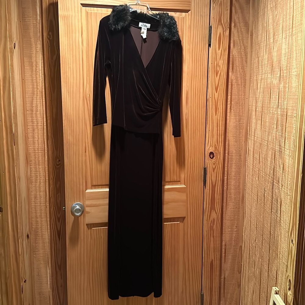 Vintage Brown Patra Cocktail Evening Retro Pinup Dress with faux fur collar